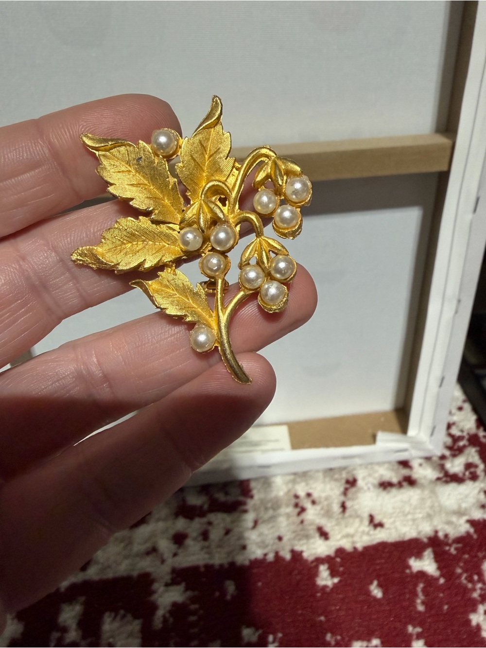 Vintage Faux Pearl Leaf Berry Bouquet Brooch